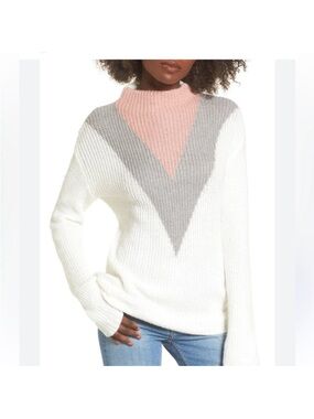 Color Block Mock Neck Sweater Cream Pink Gray‎ Women’s Size M